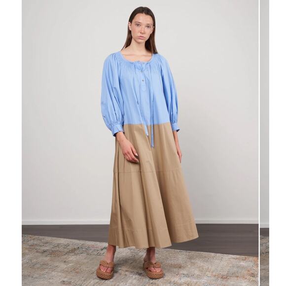 Lee Mathews Blue Frankie Ruched Dress blue tan LM size 2 - US medium - Picture 1 of 14